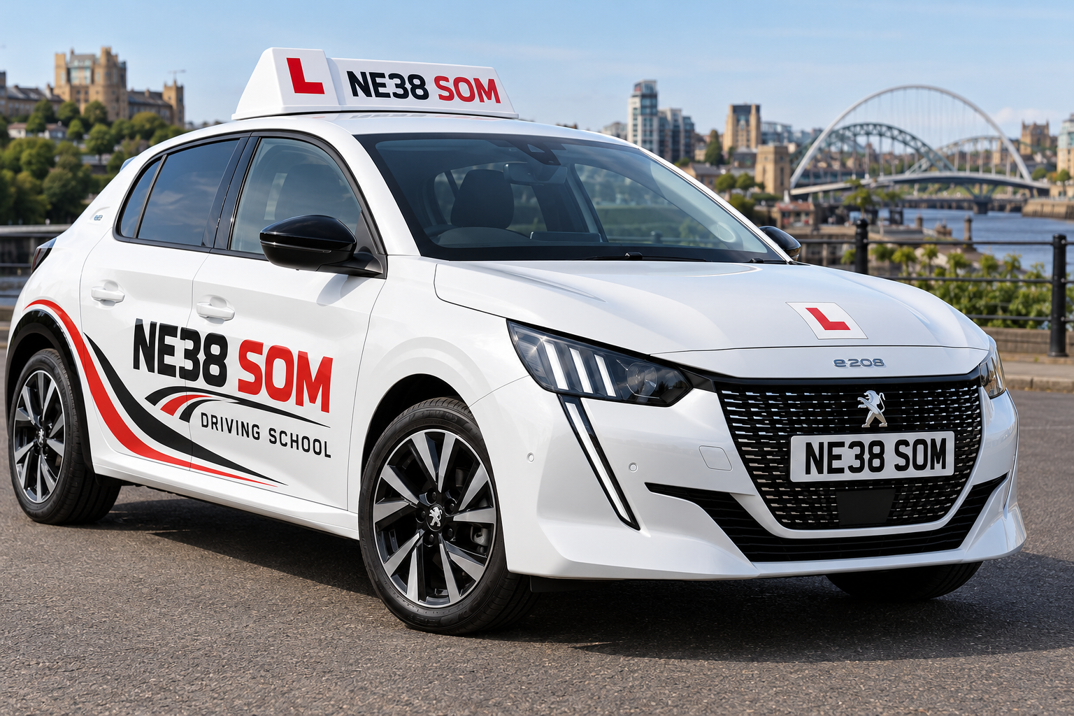 White Peugeot e-208 with NE38 SOM Driving School branding